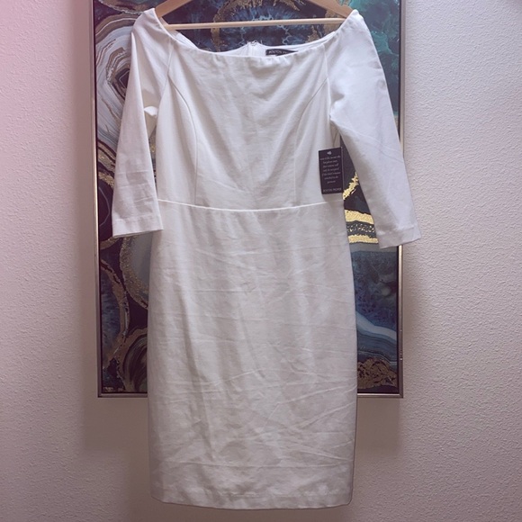 Boston Proper NWT 🆕 Off White/White off the shoulder lined fitted dress - Picture 5 of 7